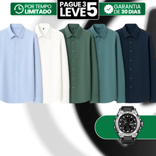 [Leve 5, Pague Só 3] Camisa Polo Masculina Dallas de Manga Longa em Seda Gelada com Poliuretano + BRINDE: Relógio Tático