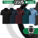 [Leve 5, Pague Só 3] Camisa Polo Masculina Listrada Cardin de Manga Curta em Seda Gelada com Poliuretano + BRINDE: Relógio