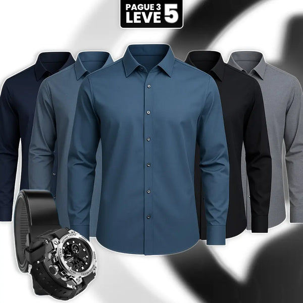 [Pague 3, Leve 5] Kit com 5 Camisas Masculinas Cardin de Manga Longa (65% Algodão + 35% Seda Gelo)