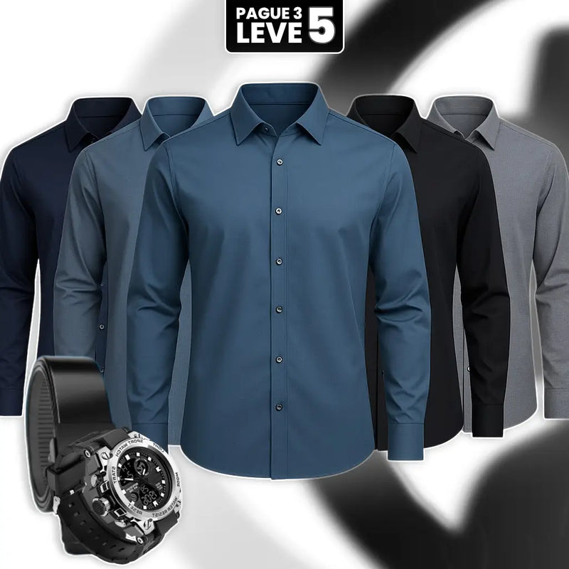 [Pague 3, Leve 5] Kit com 5 Camisas Masculinas Cardin de Manga Longa (65% Algodão + 35% Seda Gelo)