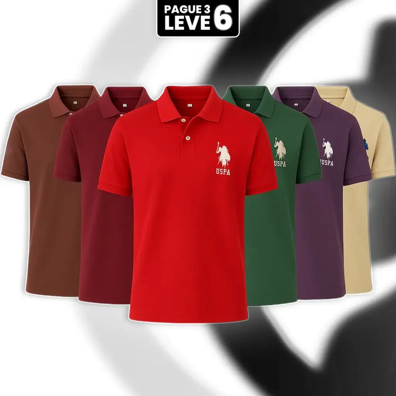[Leve 6, Pague Só 3] Kit com 6 Camisas Polo Masculinas USPA de Manga Curta em 80% de Algodão e 20% de Seda Gelo
