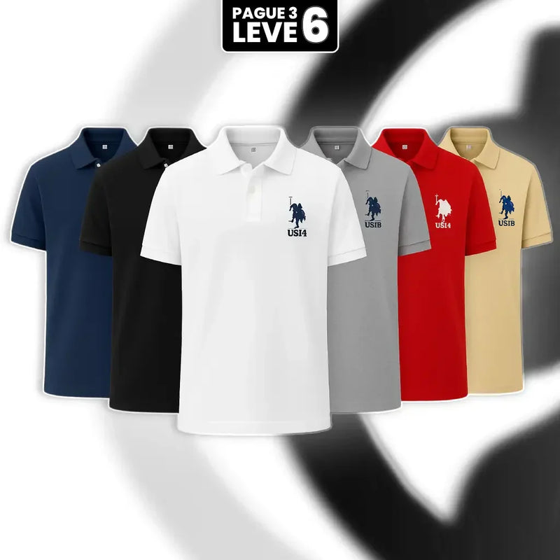 [Leve 6, Pague Só 3] Kit com 6 Camisas Polo Masculinas USPA de Manga Curta em 80% de Algodão e 20% de Seda Gelo