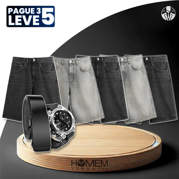 [Pague 3, Leve 5] Bermuda Jeans Masculina Denim Fit em Algodão e Elastano + BRINDES: Relógio e Cinto