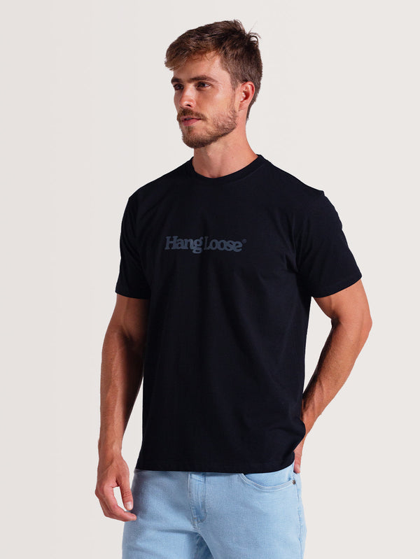 Camiseta Preta Algodão Manga Curta Hang Loose Typo